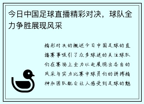 今日中国足球直播精彩对决，球队全力争胜展现风采