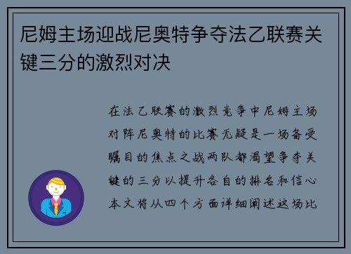 尼姆主场迎战尼奥特争夺法乙联赛关键三分的激烈对决